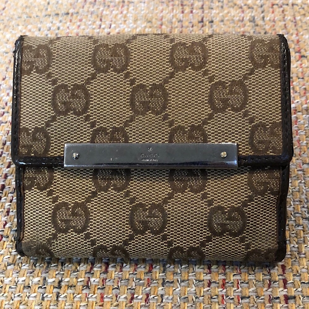 GUCCI GG Trifold Canvas Jacquard Wallet Tan Brown Leather Coin Purse Credit Card